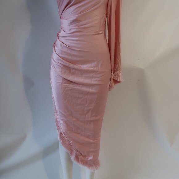 NWT Womens PatBO Light Pink Fringe Trim One Shoulder Asymmetric Oscar Dress 6 - Picture 6 of 16
